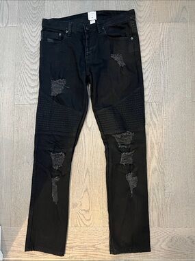 Gap x Stampd x GQ Black Moto Biker Distressed Jeans 30x32 (Men’s Slim)